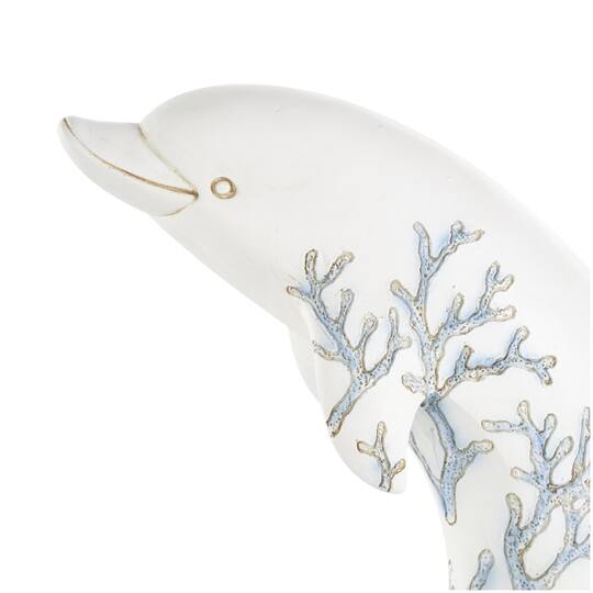 12" White with Blue Coral Pattern Curved Polystone Dolphin Sculpture